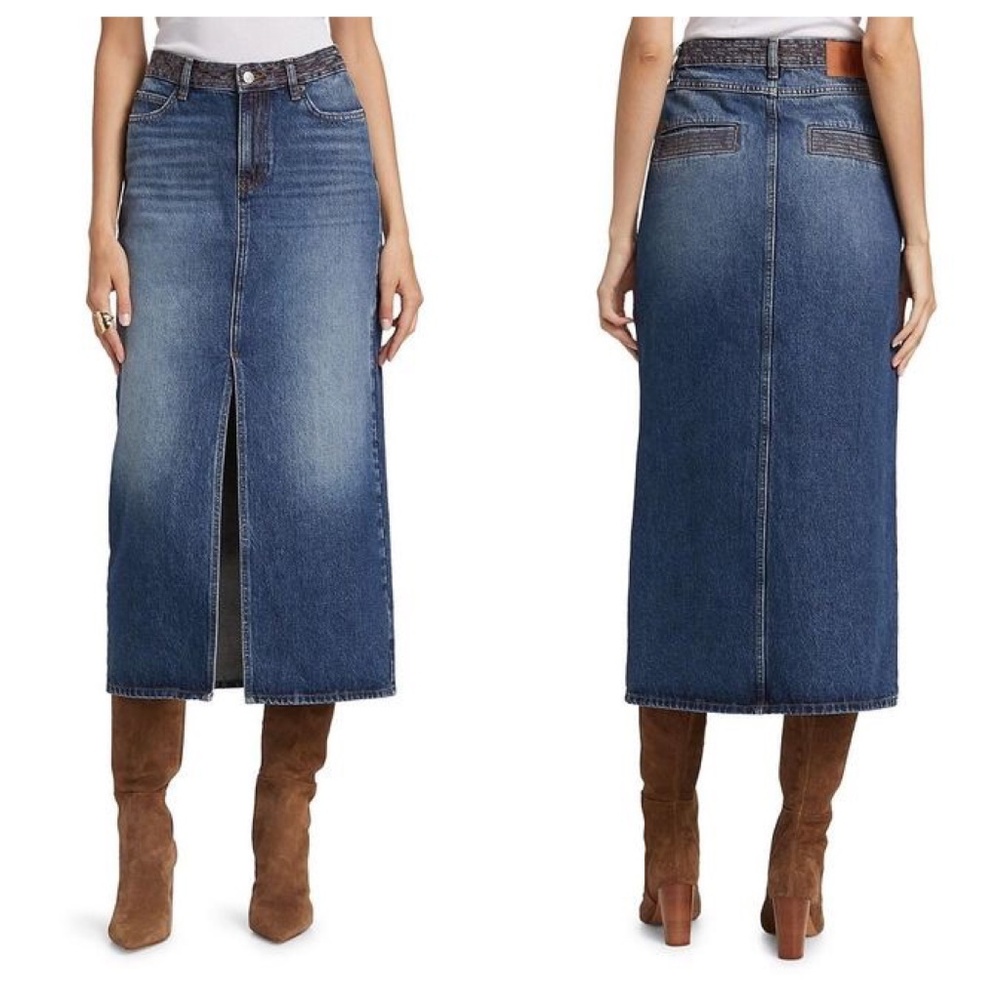 NWT ba&sh Math Straight-Cut Denim Midi Skirt w Front Slit in Blue Jeans Size 6